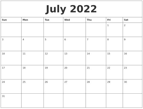 Blank July Calendar 2022